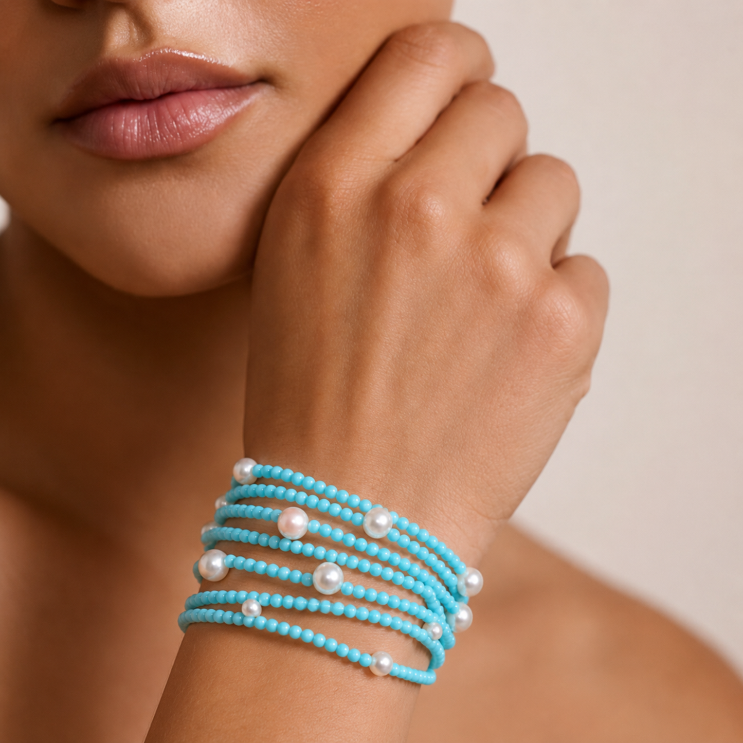 18K Gold Turquoise Beaded Bracelet Stack