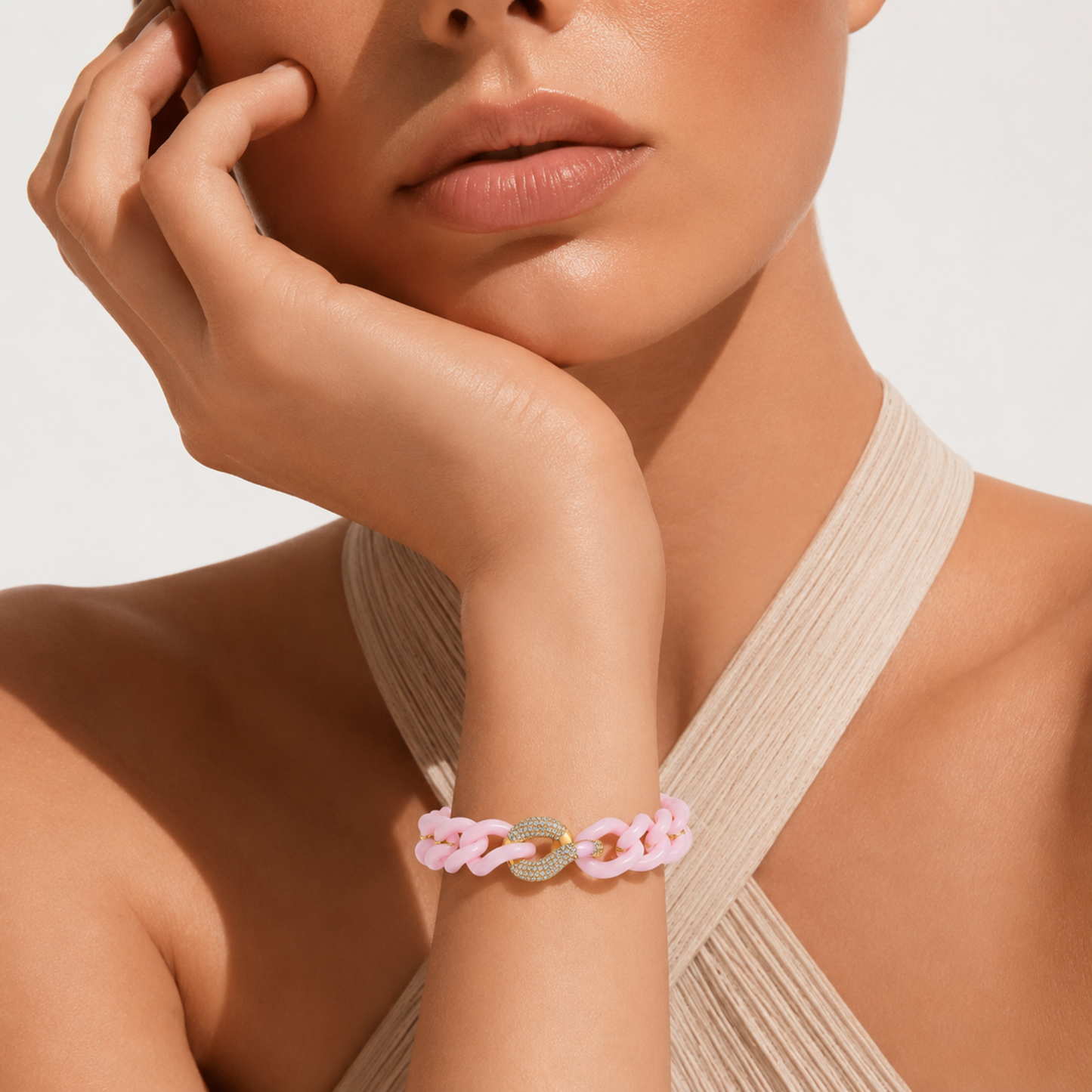 14K Gold Pink Ceramic Chain Link Bracelet