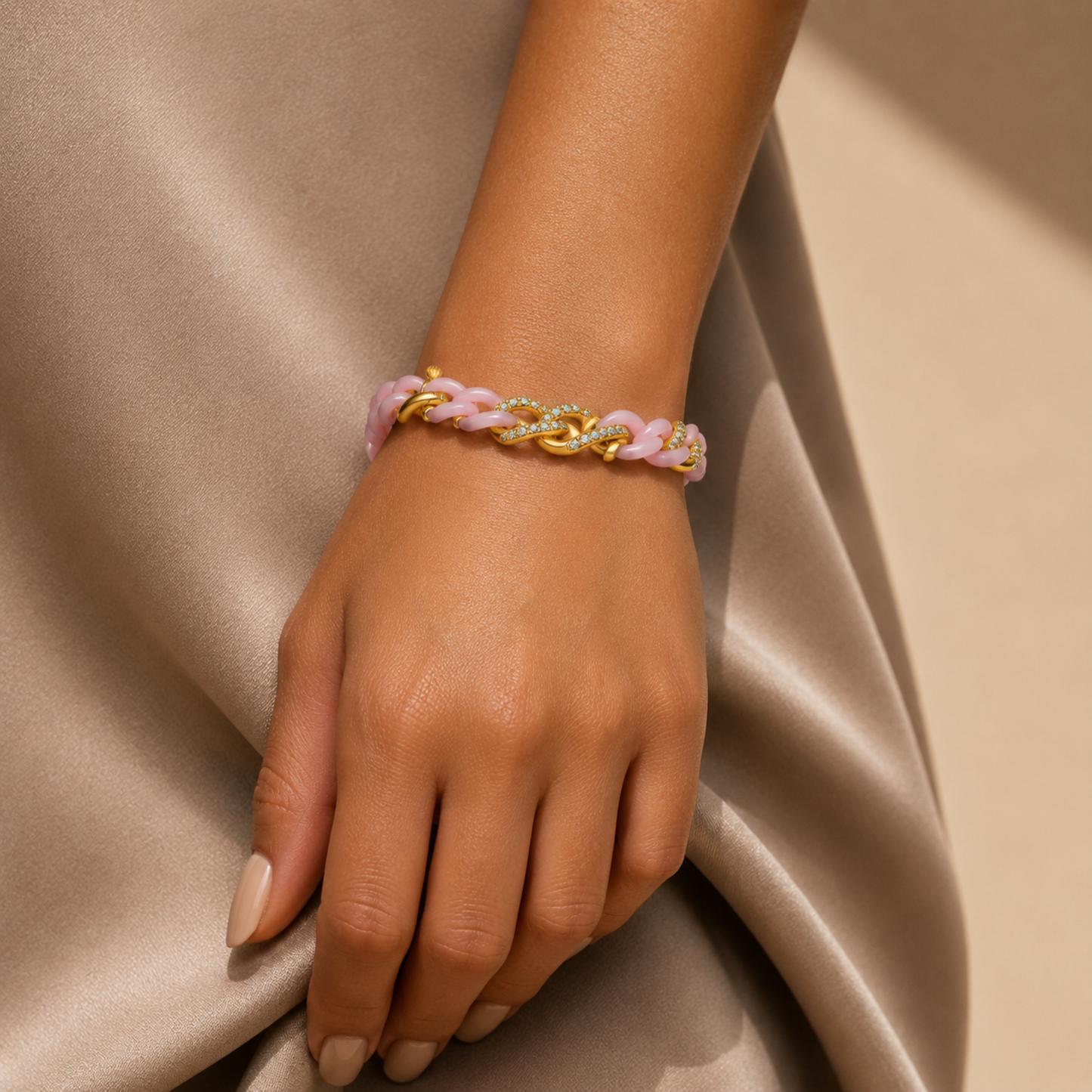 14K Gold Pink Ceramic Chain Link Bracelet