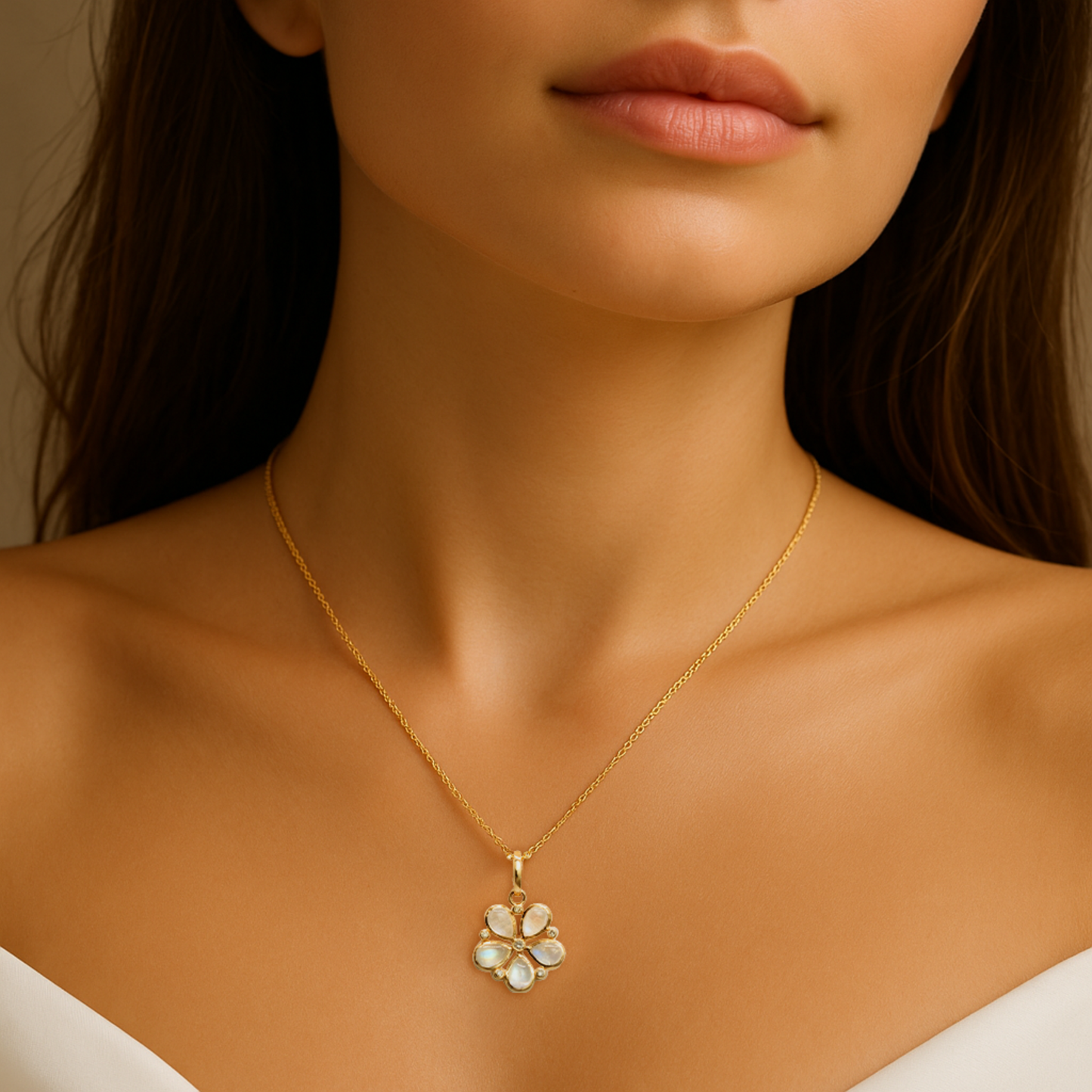 14K Yellow Golden Moonstone Anemone Pendant