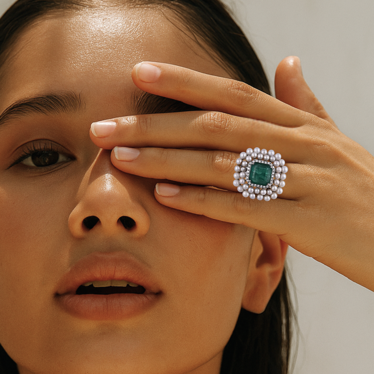 Emerald and Pearl Imperial Bloom Ring