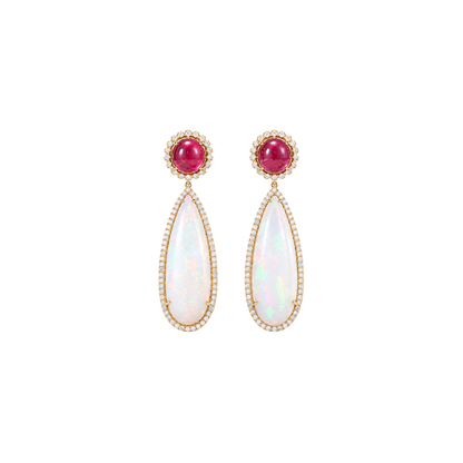14K Gold Ethiopian Opal Ruby Earrings