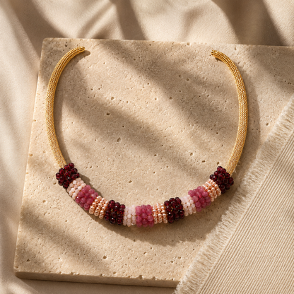 18K Gold Pink Beaded Cord Necklace