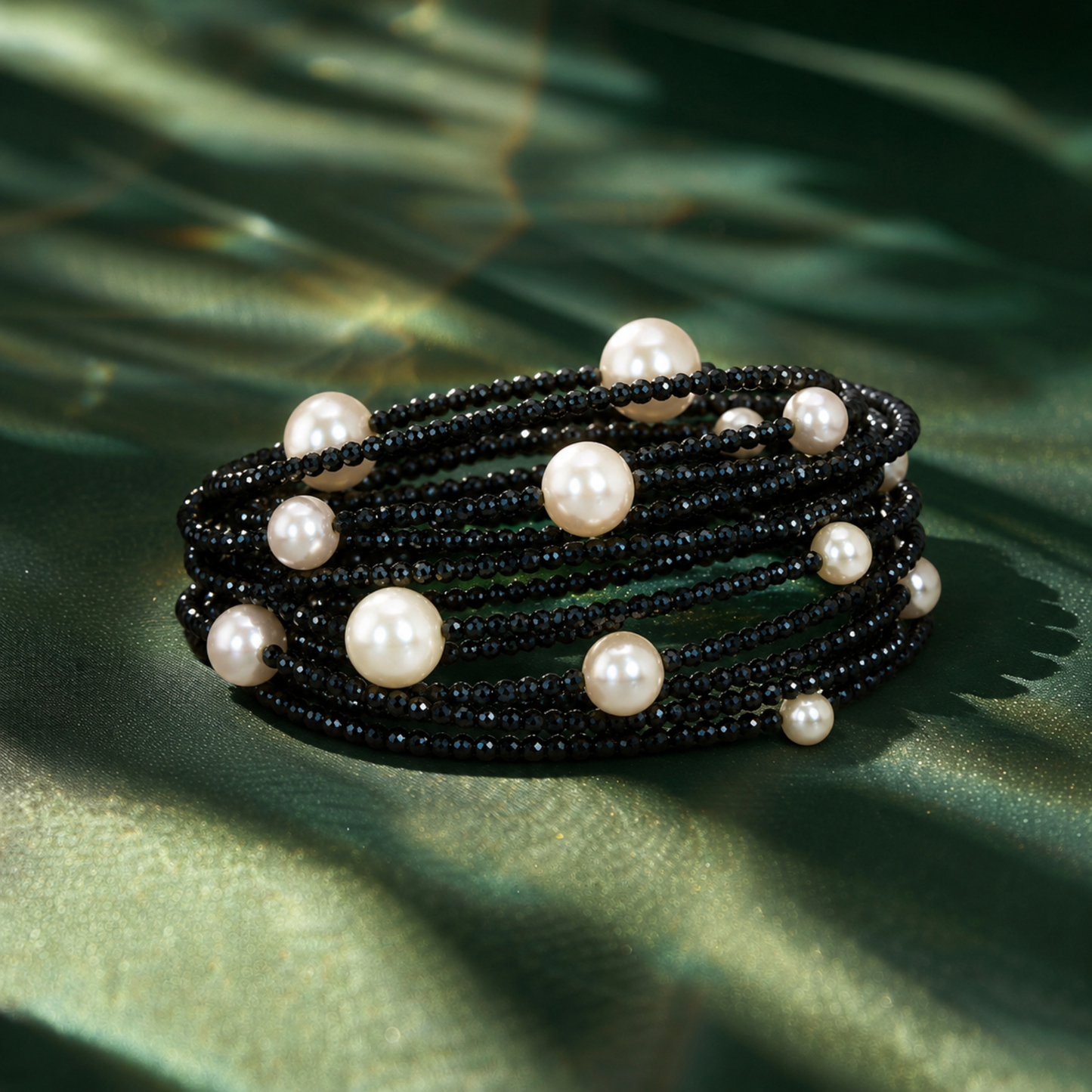 18K Gold Black Beaded Bracelet Stack