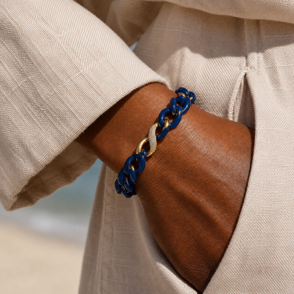 14K Gold Blue Ceramic Chain Link Bracelet