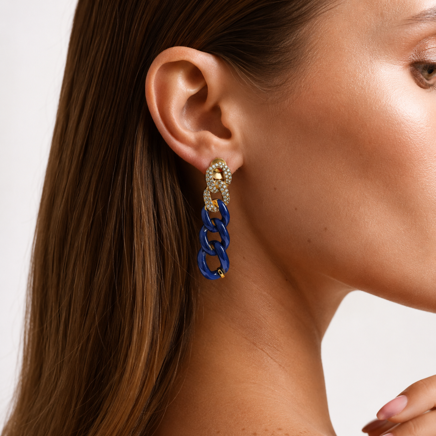 14K Gold Blue Ceramic Chain Link Earrings