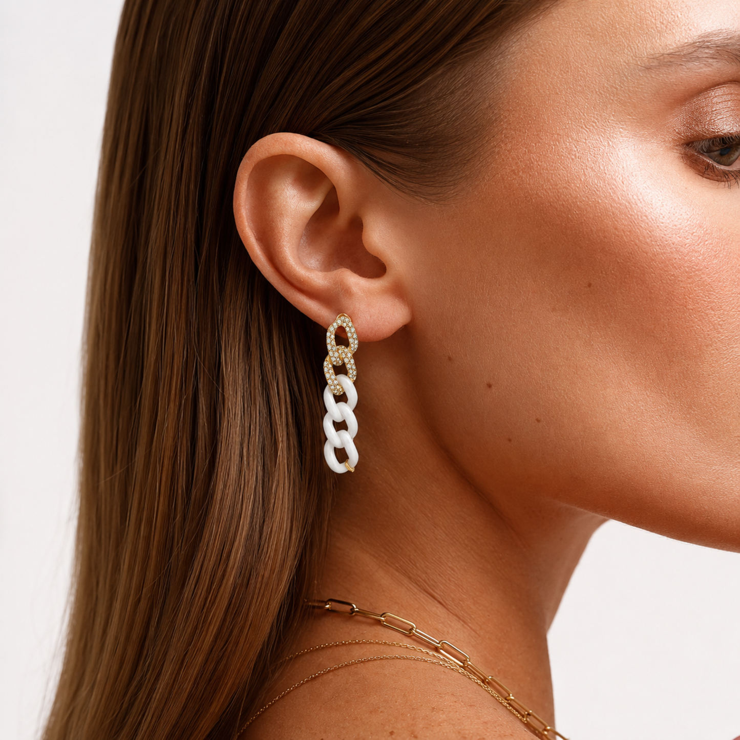 14K Gold White Ceramic Chain Link Earrings