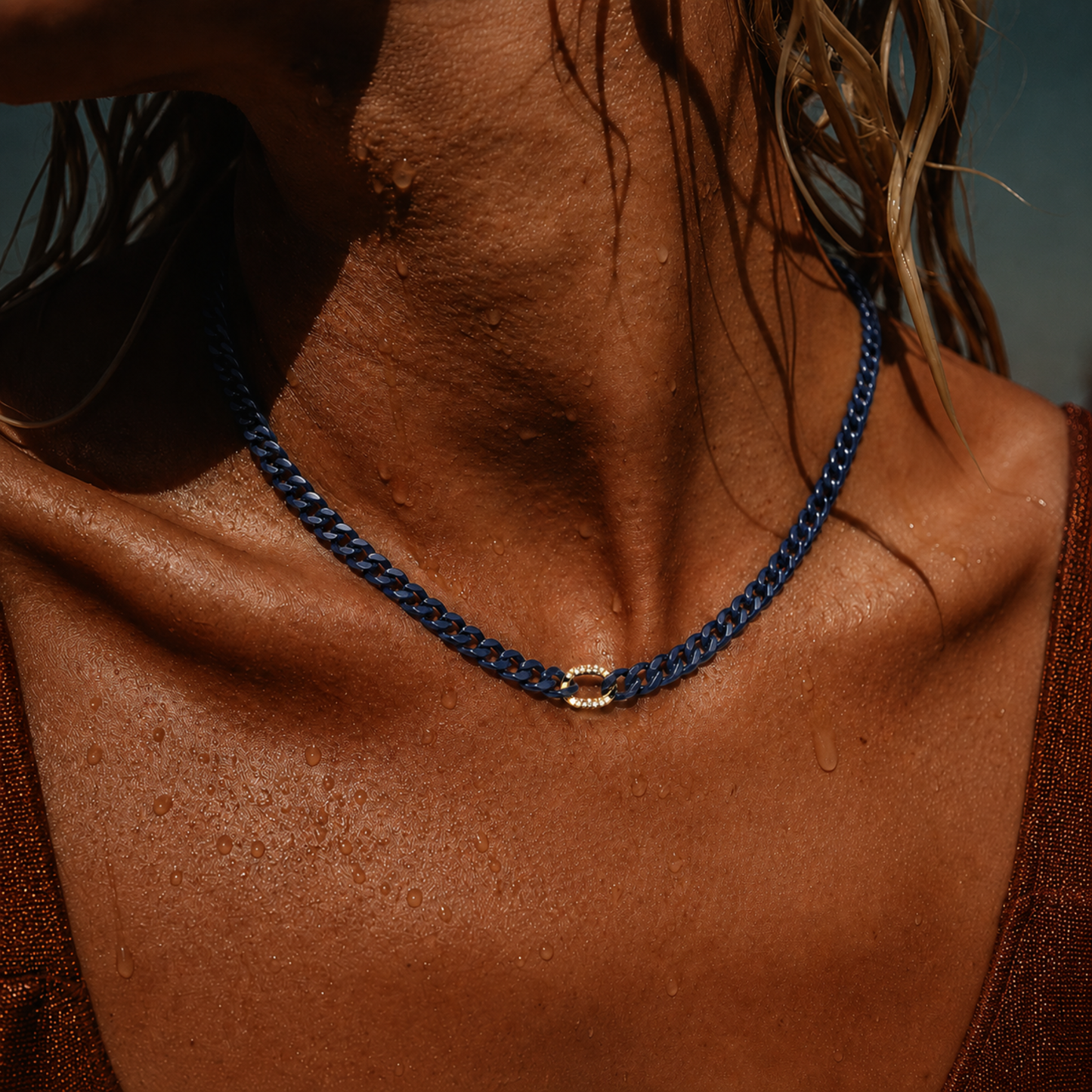 14K Gold Blue Ceramic Chain Link Necklace