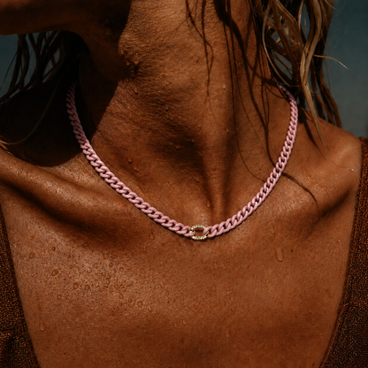 14K Gold Pink Ceramic Chain Link Necklace