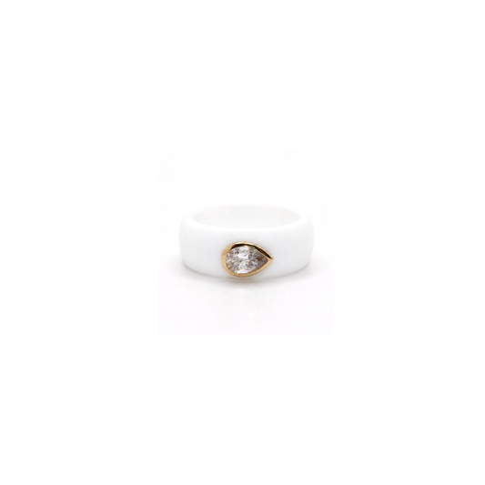 14K Yellow Gold Pear Diamond White Wide Ring