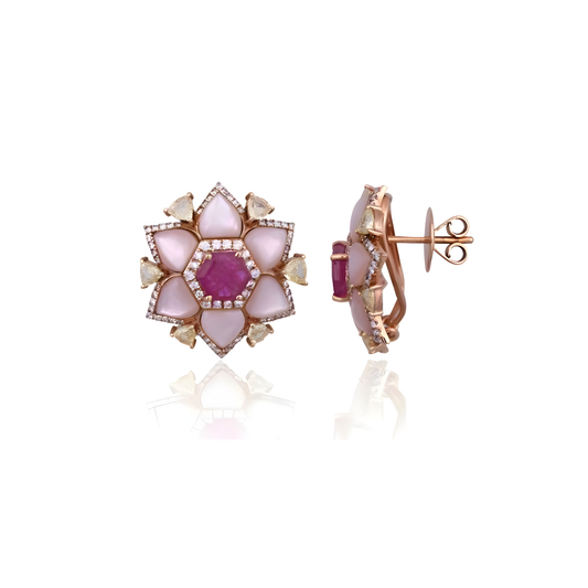 Fleur de Saffron Ruby, MOP & Diamond Studs