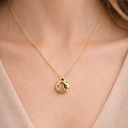 Lady Bug Pendant Necklace in 14K Gold with Rubies & Diamonds