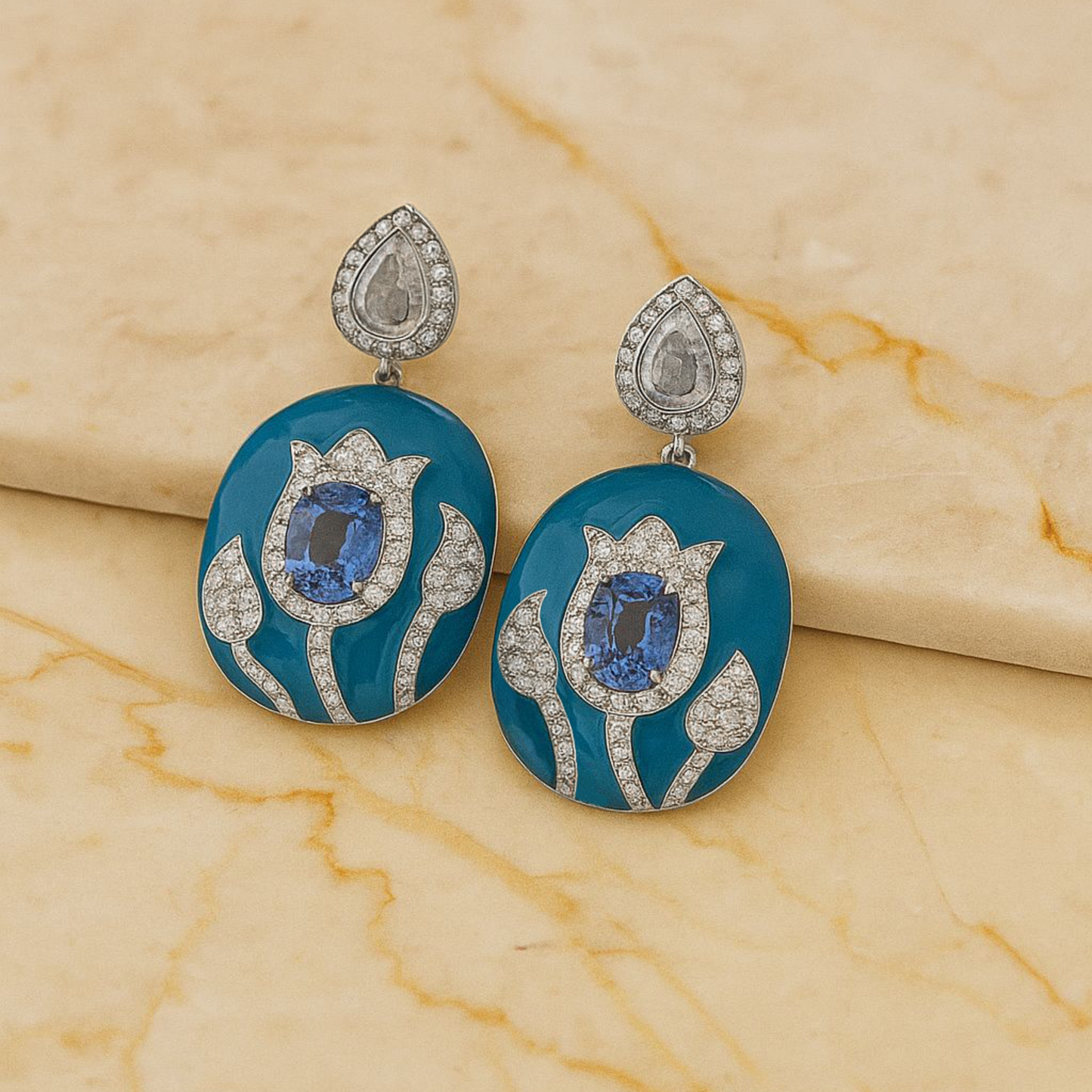 Imperial Blue Blossom Sapphire & Diamond Earrings