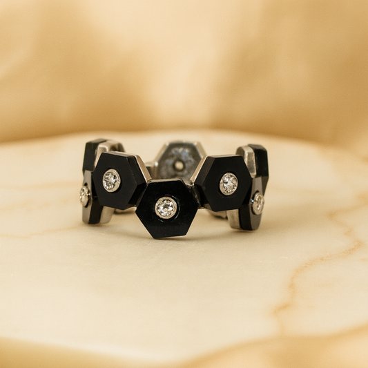 Hexagon Black Onyx & Diamond Ring