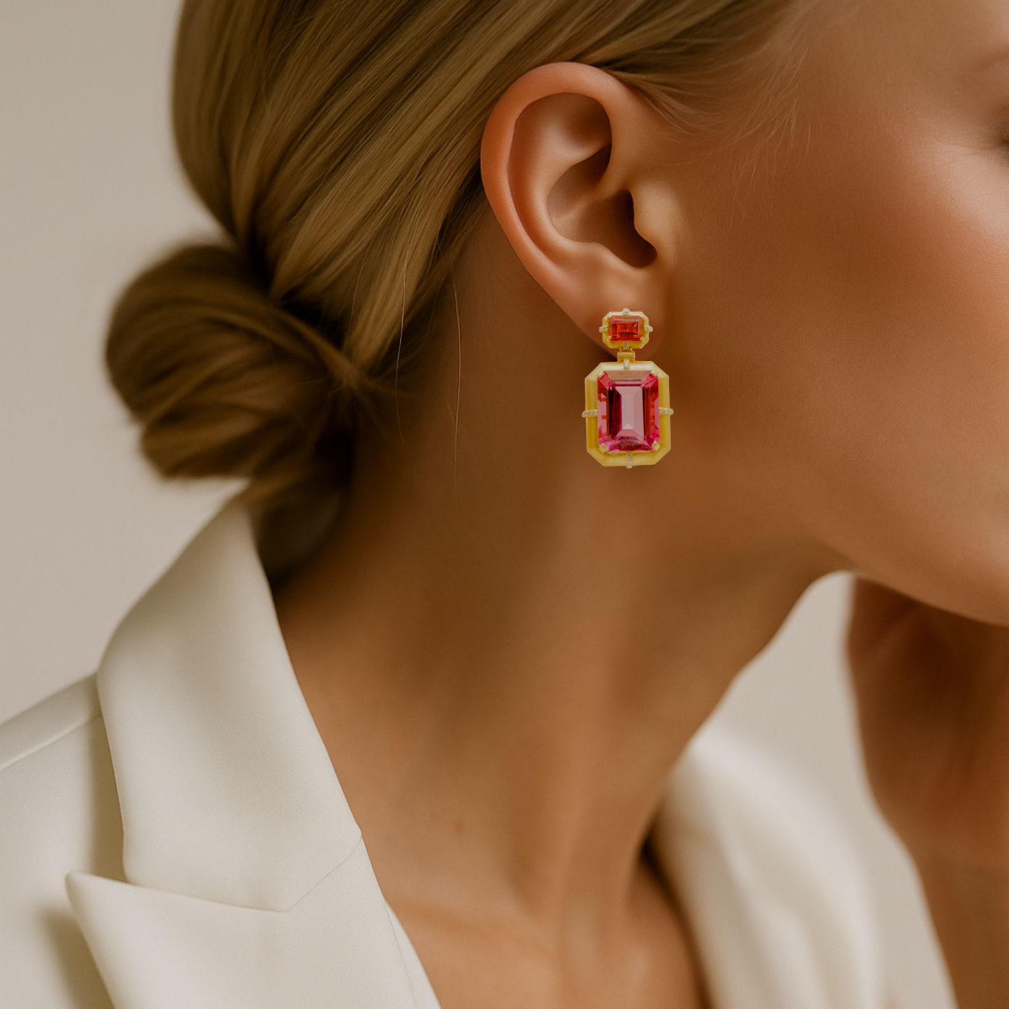 Silver 925 (Rhodium Dipped) Pink Topaz Soleil Rosé Earrings