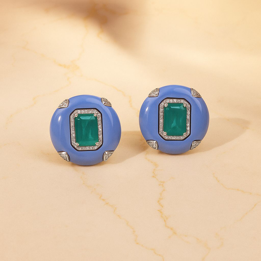 Capri Enamel Emerald, Opal & Diamond Studs